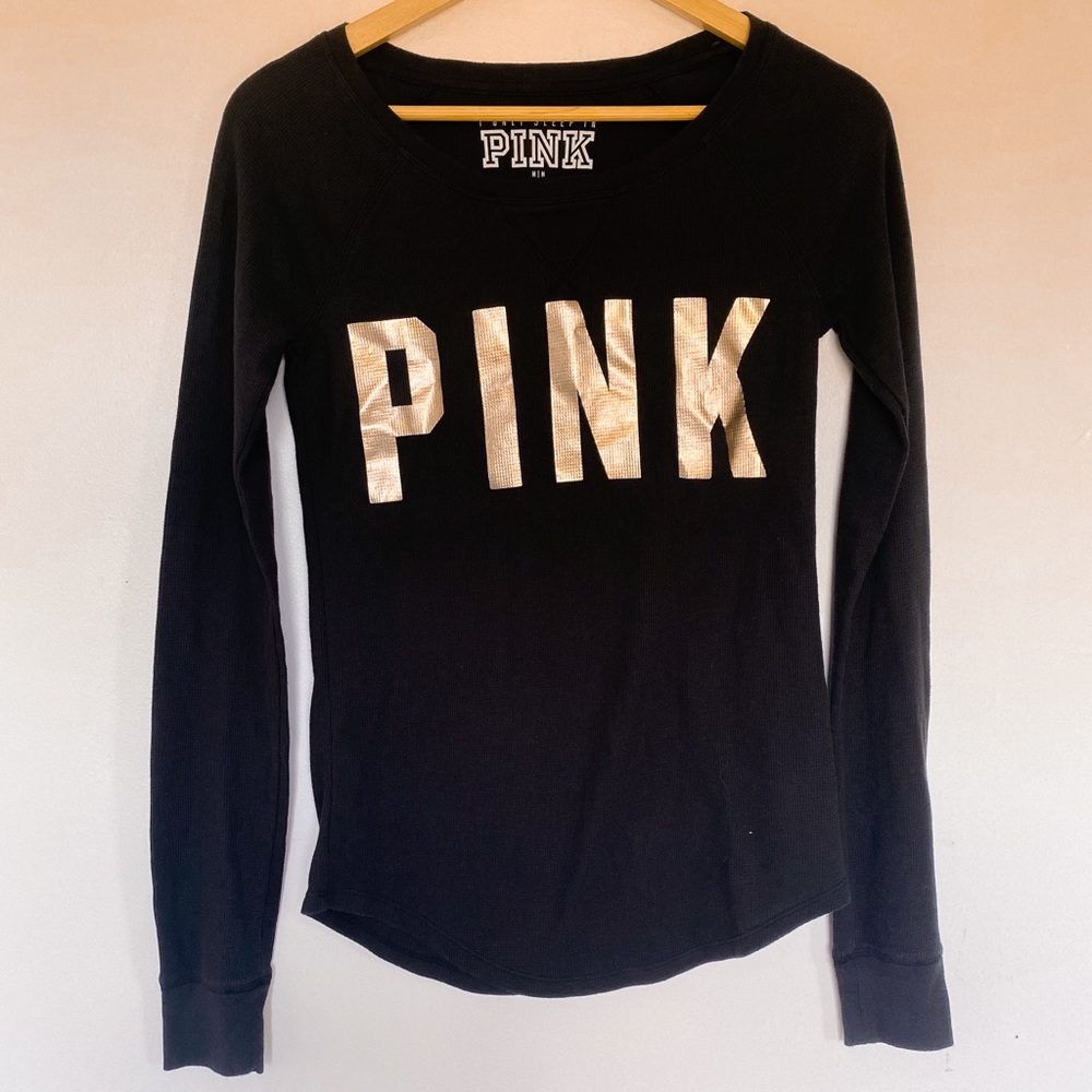 Pink Victoria’s Secret Black Gold Long Sleeve Comfy PJ Top